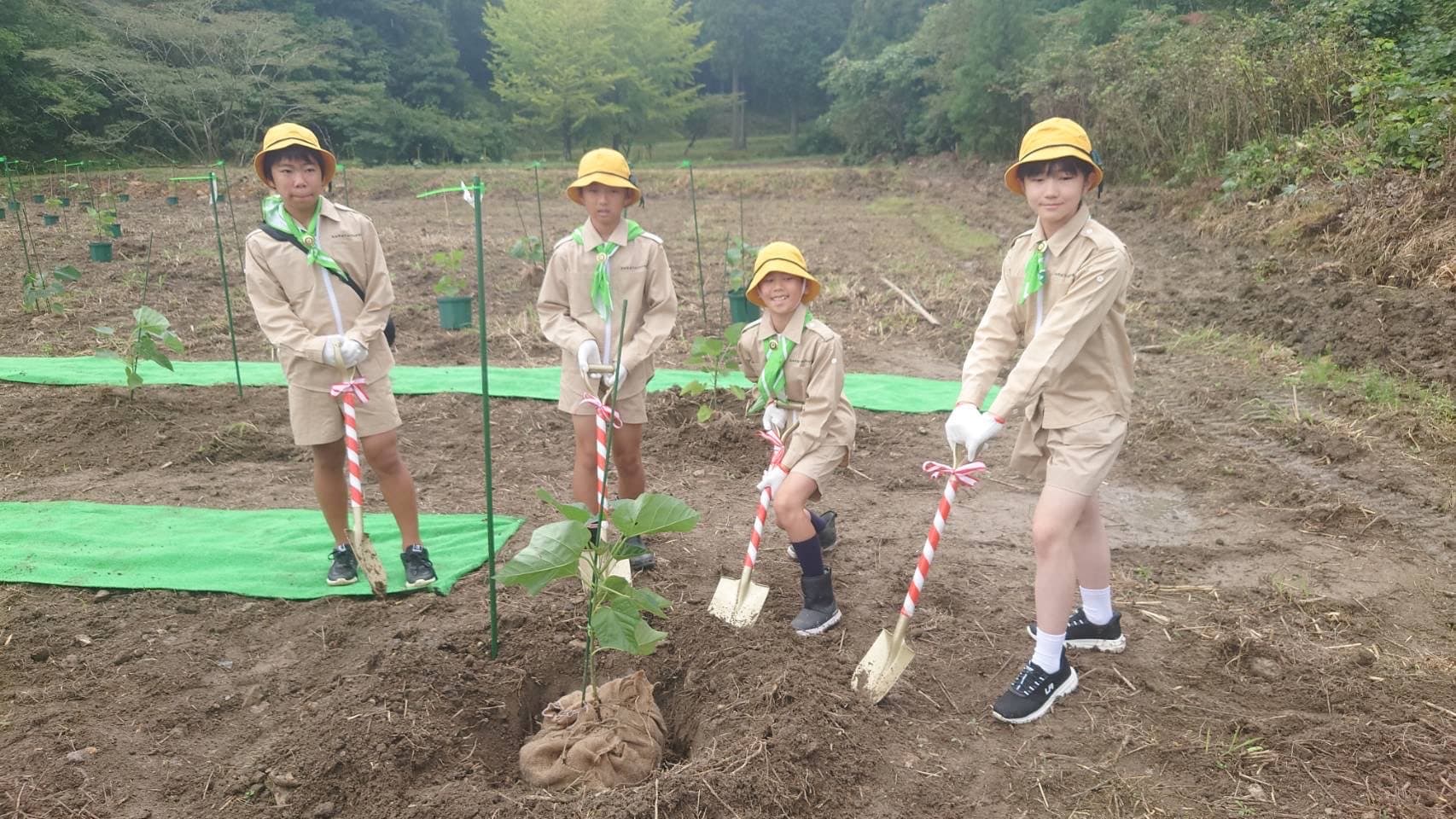 黄色い帽子をかぶった緑の少年団の団員4名がスコップを持って早成桐の苗木の前で並ぶ様子